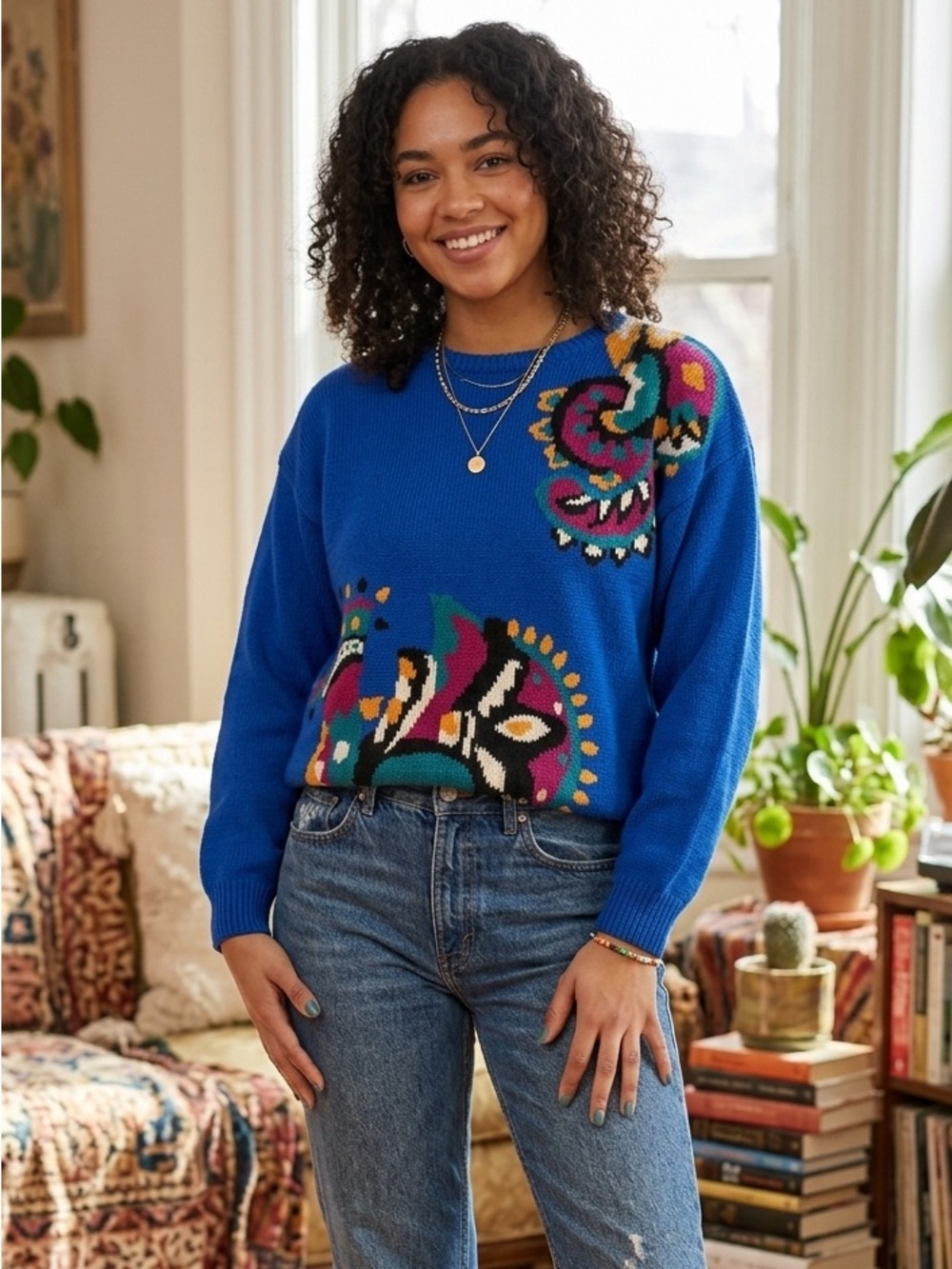 Vintage 90s Suburbans Royal Blue Graphic Knit Sweater Maximalist Grandmacore S